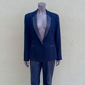 Zara Basic Ladies Black Lux Blazer W/Faux Leather Lapels & Trim